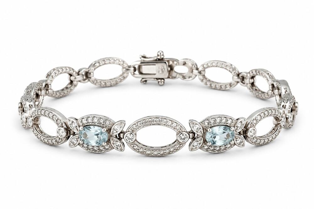 Vtg 925 Sterling Silver Blue Topaz CZ Milgrain Link Bracelet Oval Station 7.5 In